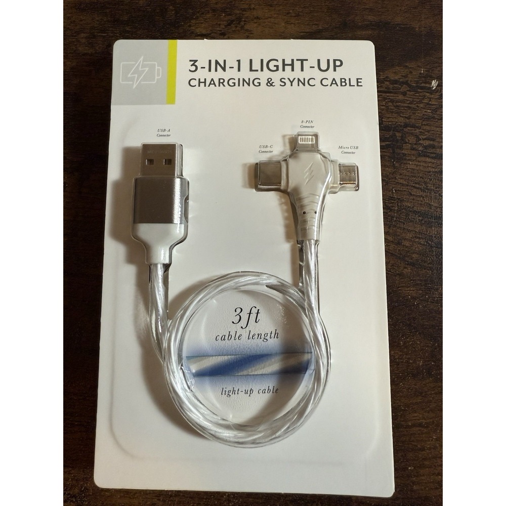 Charging & Sync Cable 3-in-1 Vivitar Light-Up‎ Braided Charger 3 ft